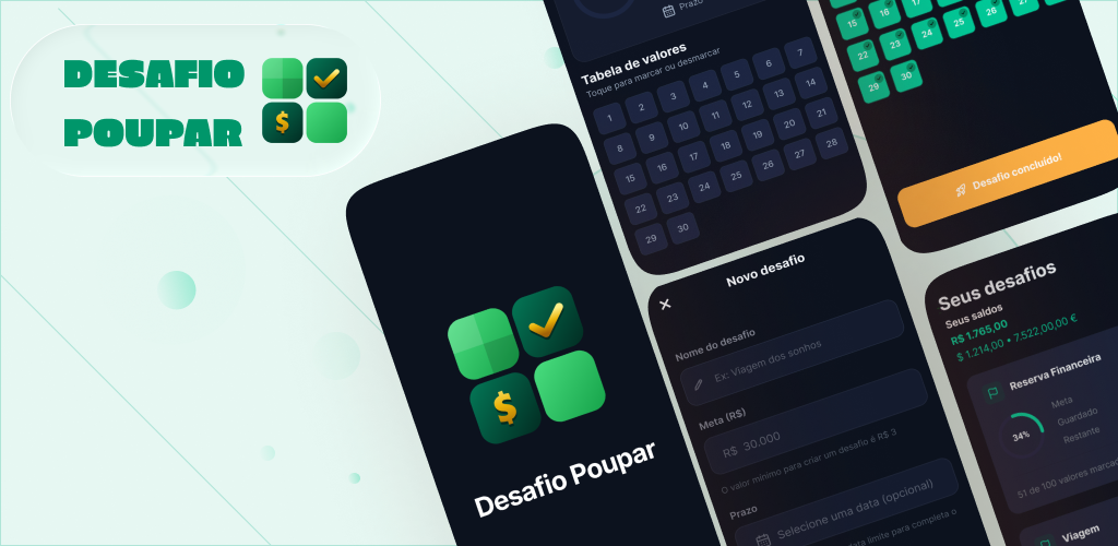 Composição de telas do app Desafio Poupar