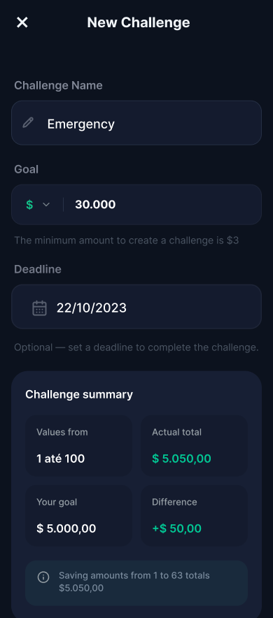 Savings Challenge: create new challenge board
