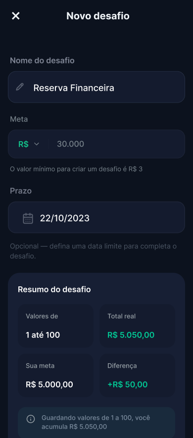 Desafio Poupar: criar novo quadro de desafio